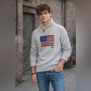 VTG Polo By Ralph Lauren Boys Beige RL67 USA Flag Pullover Sweater Size L 14/16